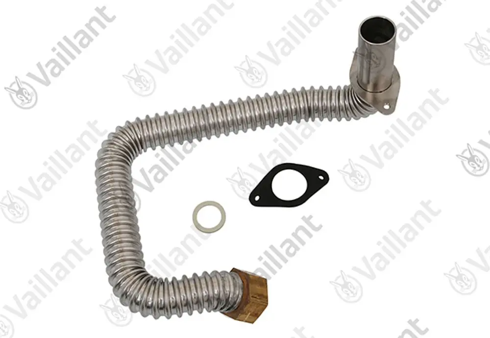 Vaillant Gasrohr mit gewelltem Design, einer flachen Dichtung und einer Verbindungsmutter. Bestandteil eines Gasleitungssystems.